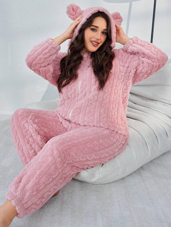 Plush Jacquard Hooded Sleep Jumpsuit – Dusty Pink, Long Sleeve, Fluffy Cozy Fit