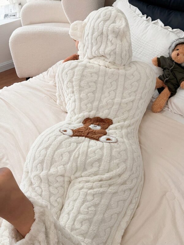 Teddy Bear Embroidery Hooded Jumpsuit – White, Fluffy Jacquard